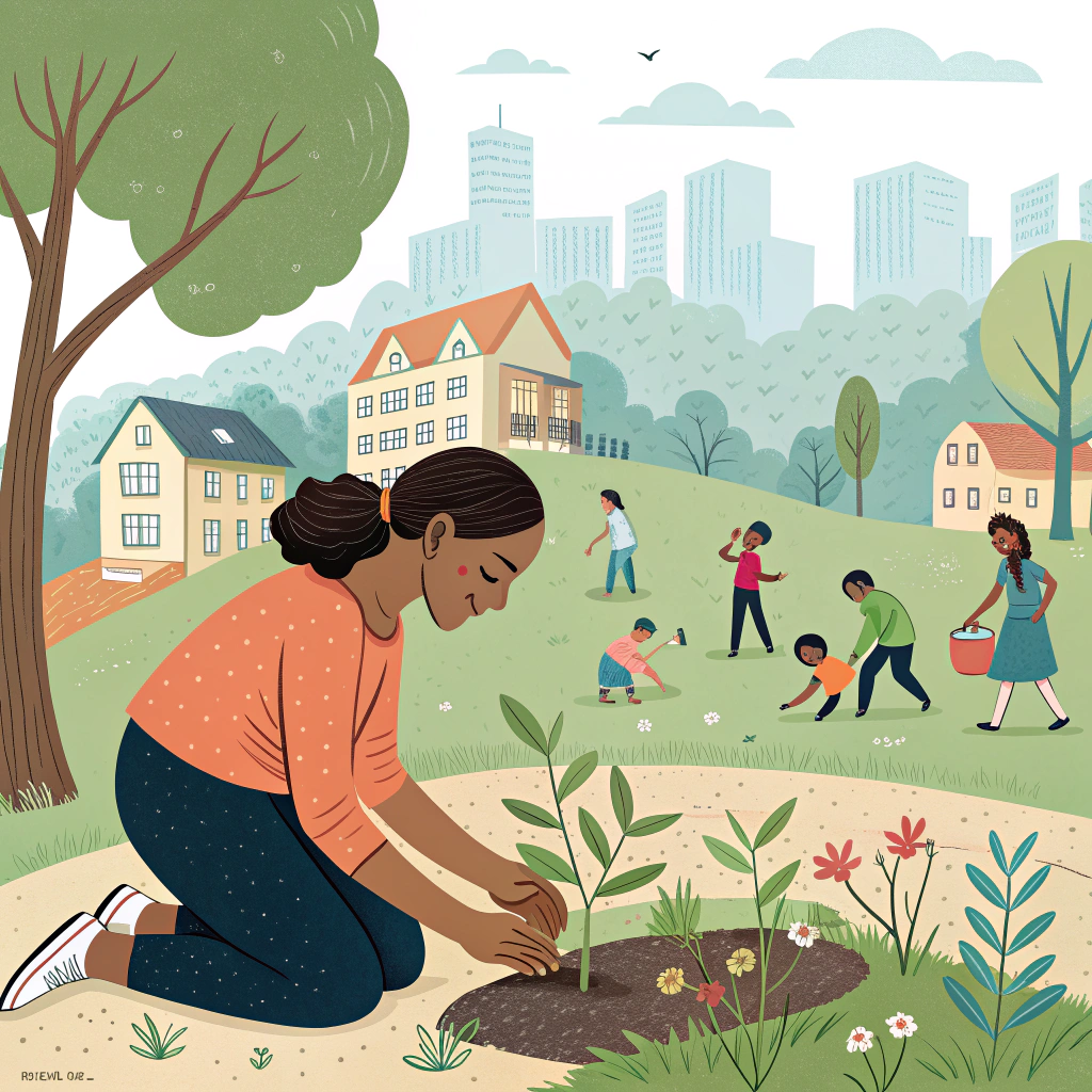 a woman planting a seed that grows into a thriving